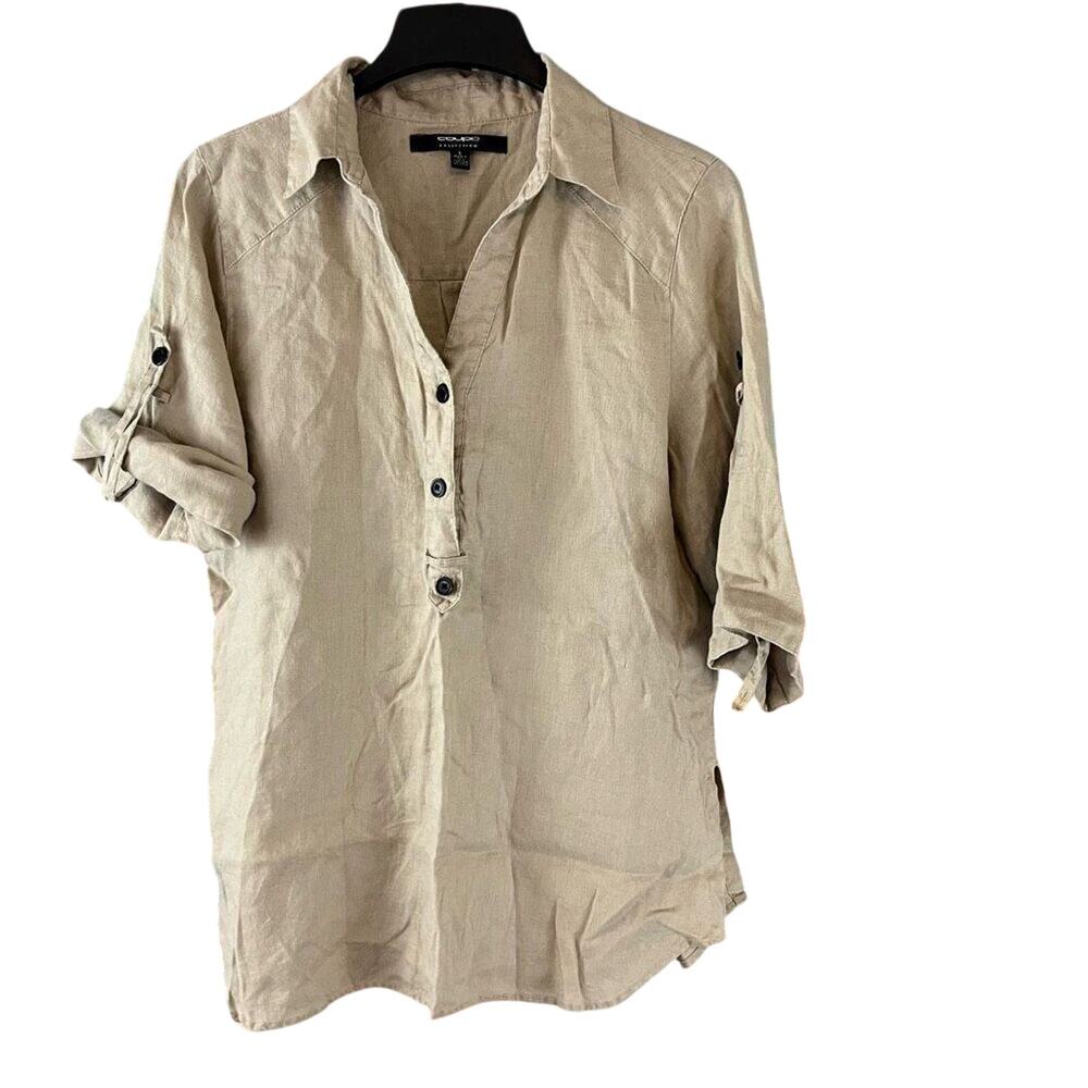 Coupe Collection Linen Roll Tab Sleeve Shirt Size Large Oat/Tan Color